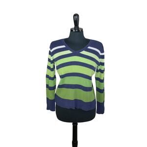 Vintage 90s Liz & Co Striped V Neckline Sweater Ribbed 100% Cotton Y2K